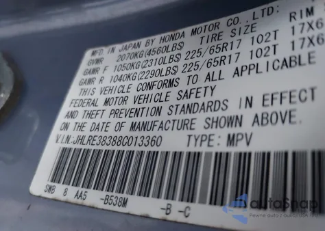 2008 Honda Cr-V Lx from USA, damaged, VIN JHLRE38388C013360